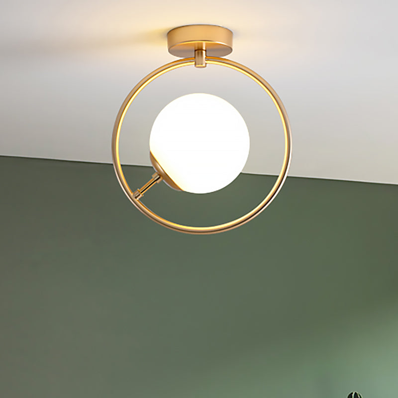 Gold Ball Semi Flush Lighting Modern 1 Light White/Yellow Glass Semi Flush Mount Lamp Fixture with Iron Ring Clearhalo 'Ceiling Lights' 'Close To Ceiling Lights' 'Close to ceiling' 'Glass shade' 'Glass' 'Semi-flushmount' Lighting' 212418