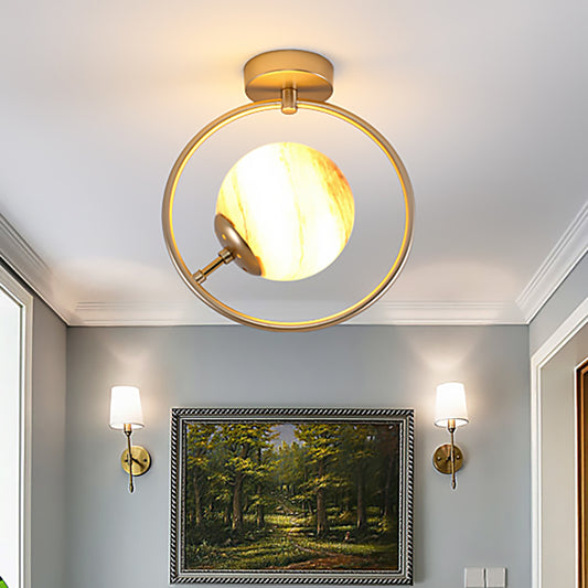 Gold Ball Semi Flush Lighting Modern 1 Light White/Yellow Glass Semi Flush Mount Lamp Fixture with Iron Ring Clearhalo 'Ceiling Lights' 'Close To Ceiling Lights' 'Close to ceiling' 'Glass shade' 'Glass' 'Semi-flushmount' Lighting' 212419