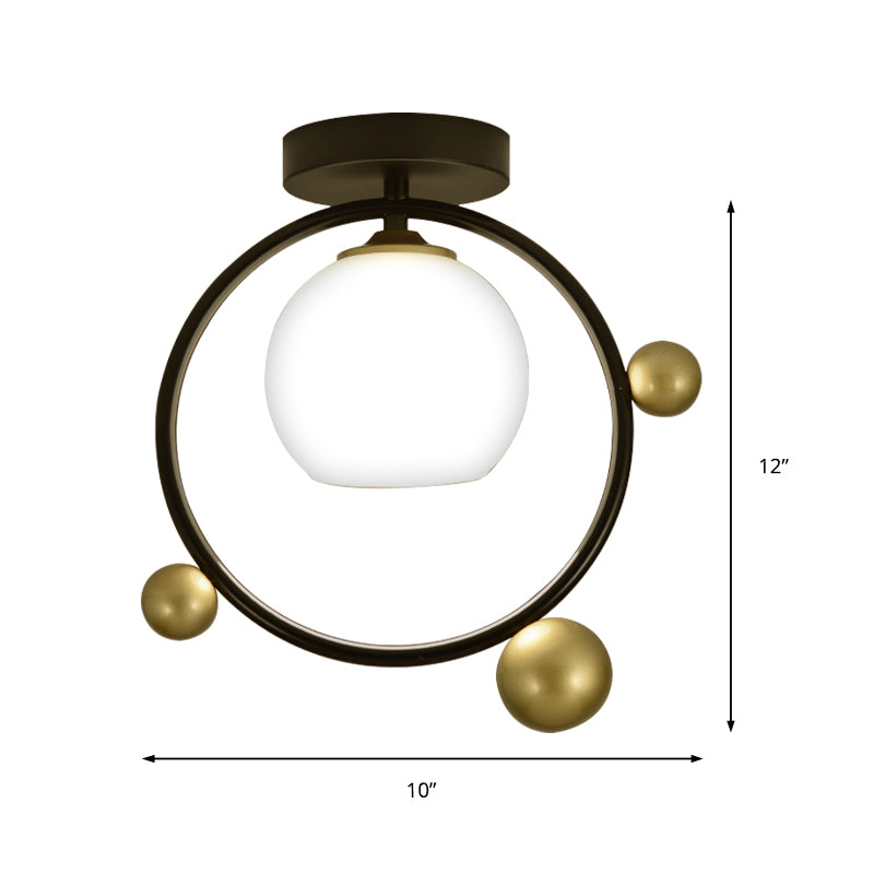 White Glass Sphere Semi Flush Mount Modernist 1 Light Black Semi Flush Mount Light Fixture with Iron Ring, 10"/12" Wide Clearhalo 'Ceiling Lights' 'Close To Ceiling Lights' 'Close to ceiling' 'Glass shade' 'Glass' 'Semi-flushmount' Lighting' 212444