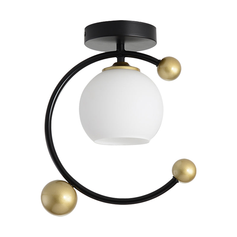 White Glass Sphere Semi Flush Mount Modernist 1 Light Black Semi Flush Mount Light Fixture with Iron Ring, 10"/12" Wide Clearhalo 'Ceiling Lights' 'Close To Ceiling Lights' 'Close to ceiling' 'Glass shade' 'Glass' 'Semi-flushmount' Lighting' 212447