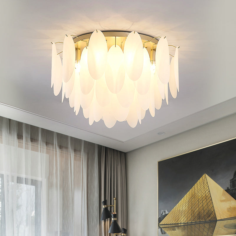 Feather-Shaped Flush Mount Lamp Contemporary White Glass 22.5"/28" Wide 6 Lights Living Room Flush Ceiling Light Fixture Clearhalo 'Ceiling Lights' 'Close To Ceiling Lights' 'Close to ceiling' 'Flush mount' Lighting' 212450