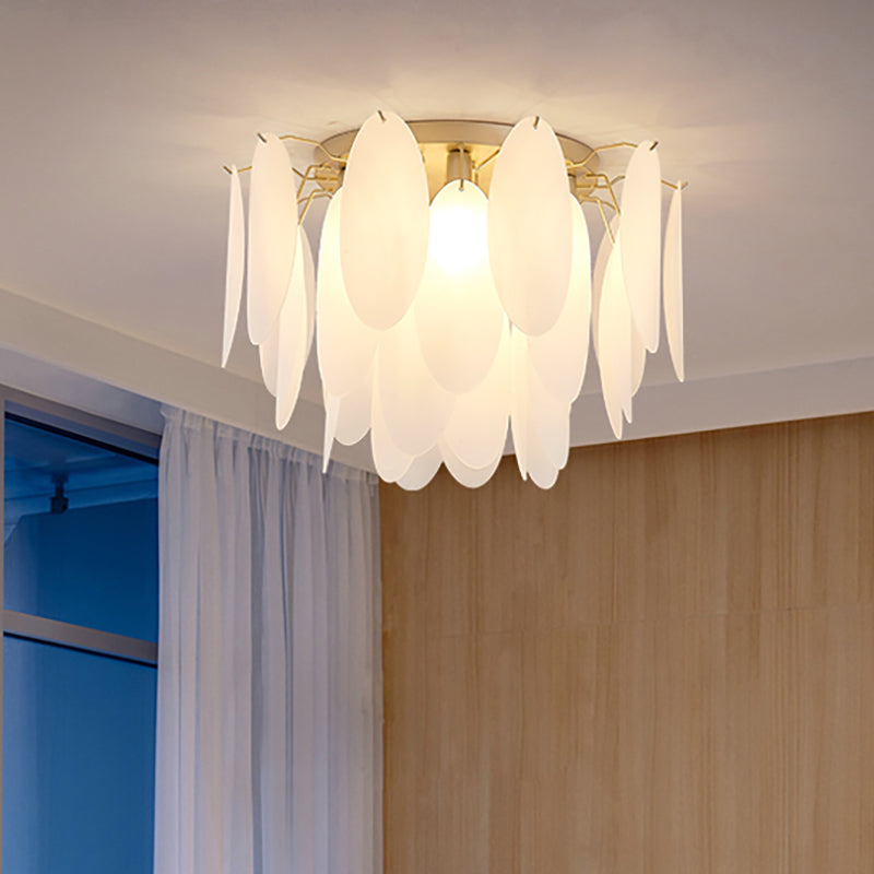 Feather-Shaped Flush Mount Lamp Contemporary White Glass 22.5"/28" Wide 6 Lights Living Room Flush Ceiling Light Fixture White 22.5" Clearhalo 'Ceiling Lights' 'Close To Ceiling Lights' 'Close to ceiling' 'Flush mount' Lighting' 212458