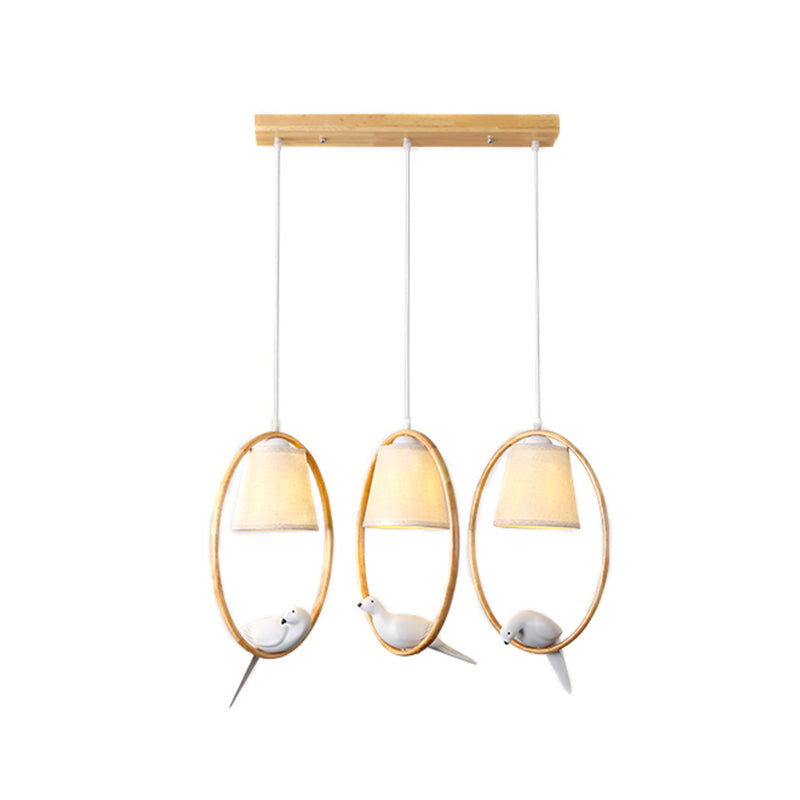 Cone Fabric Hanging Lighting Contemporary 1/3 Lights White Pendant Lamp Fixture with Wood Ring and Resin Bird Clearhalo 'Ceiling Lights' 'Modern Pendants' 'Modern' 'Pendant Lights' 'Pendants' Lighting' 212652