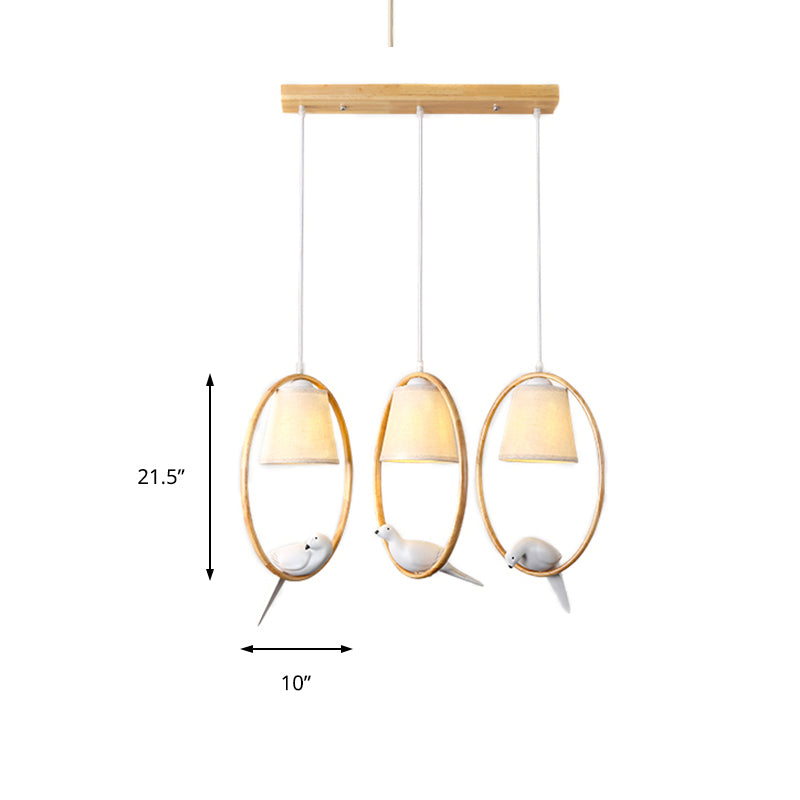 Cone Fabric Hanging Lighting Contemporary 1/3 Lights White Pendant Lamp Fixture with Wood Ring and Resin Bird Clearhalo 'Ceiling Lights' 'Modern Pendants' 'Modern' 'Pendant Lights' 'Pendants' Lighting' 212653