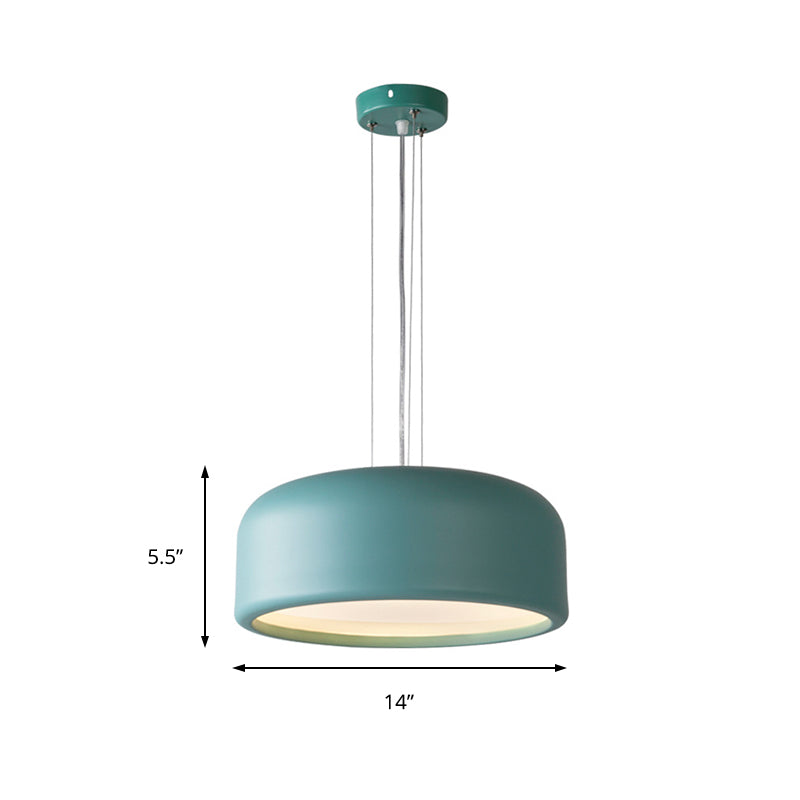1 Light Bedroom Pendant with Drum Metal Shade Modernist Pink/Blue/Green Hanging Light Kit with Recessed Diffuser, 14"/19"/23.5" Wide Clearhalo 'Ceiling Lights' 'Modern Pendants' 'Modern' 'Pendant Lights' 'Pendants' Lighting' 212728