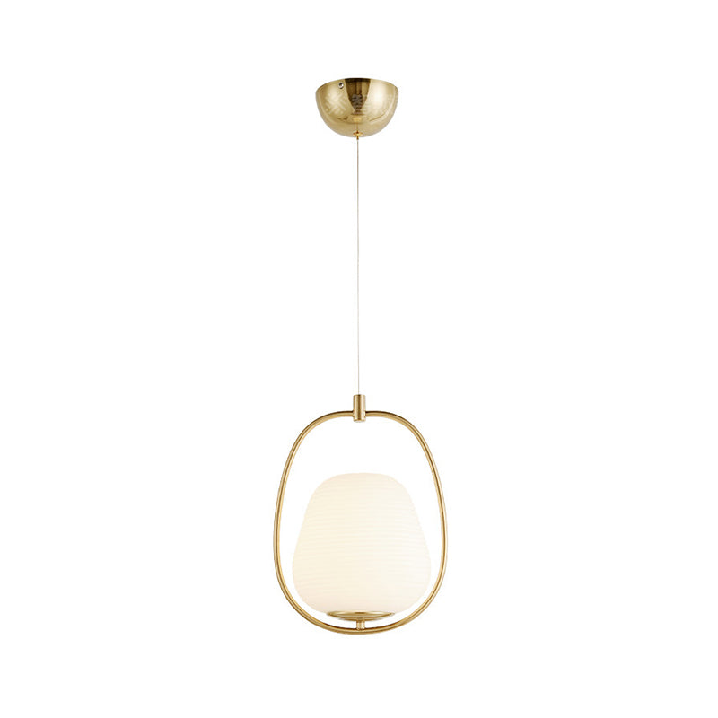 Oval Dining Room Pendant White Glass 1 Light Modern Hanging Lamp Fixture in Gold with Iron Ring Clearhalo 'Ceiling Lights' 'Glass shade' 'Glass' 'Modern Pendants' 'Modern' 'Pendant Lights' 'Pendants' Lighting' 212773