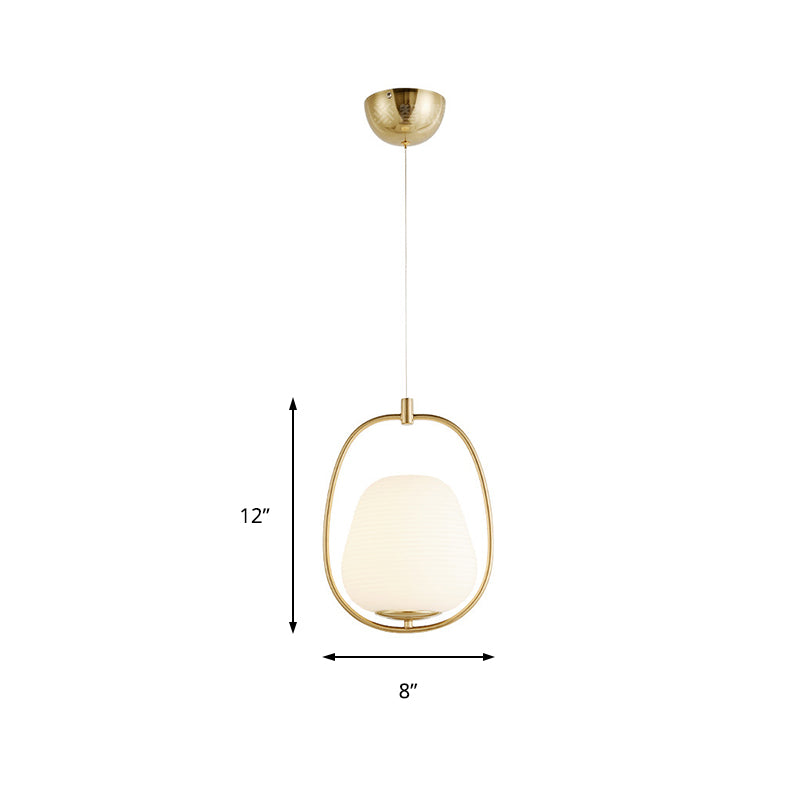 Oval Dining Room Pendant White Glass 1 Light Modern Hanging Lamp Fixture in Gold with Iron Ring Clearhalo 'Ceiling Lights' 'Glass shade' 'Glass' 'Modern Pendants' 'Modern' 'Pendant Lights' 'Pendants' Lighting' 212774