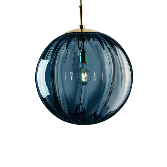 Sphere Pendant Lighting Modern Blue/Purple/Smoky Ribbed Glass 1 Light Led Hanging Ceiling Lamp for Bedroom Clearhalo 'Ceiling Lights' 'Glass shade' 'Glass' 'Modern Pendants' 'Modern' 'Pendant Lights' 'Pendants' Lighting' 212875