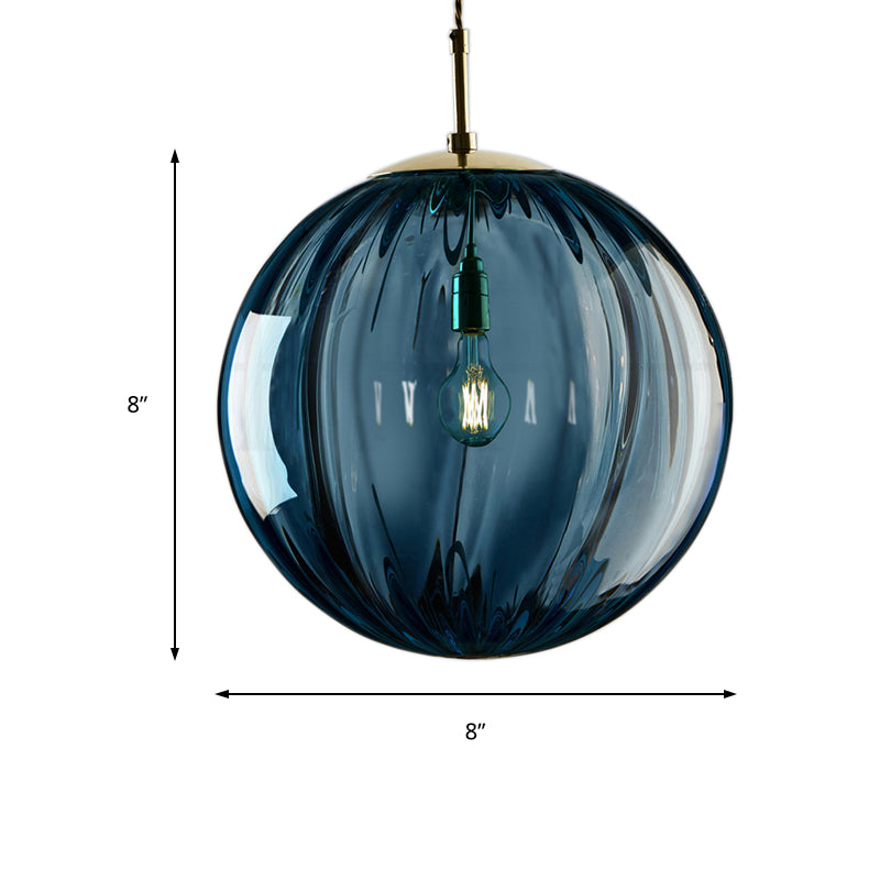 Sphere Pendant Lighting Modern Blue/Purple/Smoky Ribbed Glass 1 Light Led Hanging Ceiling Lamp for Bedroom Clearhalo 'Ceiling Lights' 'Glass shade' 'Glass' 'Modern Pendants' 'Modern' 'Pendant Lights' 'Pendants' Lighting' 212876