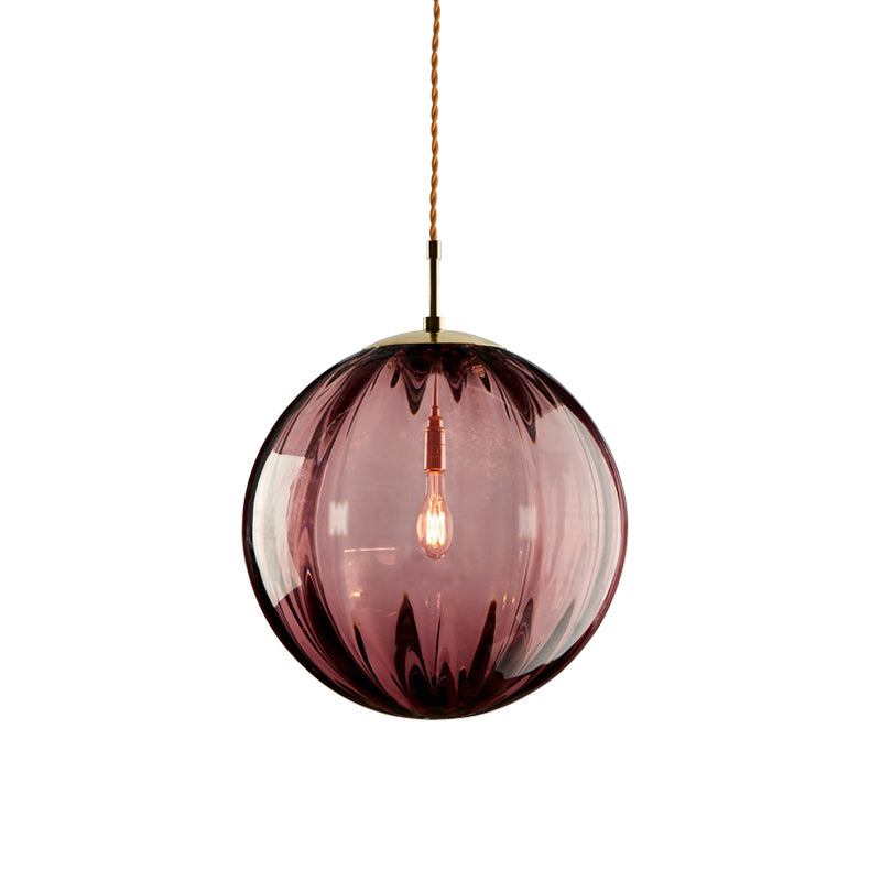 Sphere Pendant Lighting Modern Blue/Purple/Smoky Ribbed Glass 1 Light Led Hanging Ceiling Lamp for Bedroom Clearhalo 'Ceiling Lights' 'Glass shade' 'Glass' 'Modern Pendants' 'Modern' 'Pendant Lights' 'Pendants' Lighting' 212882