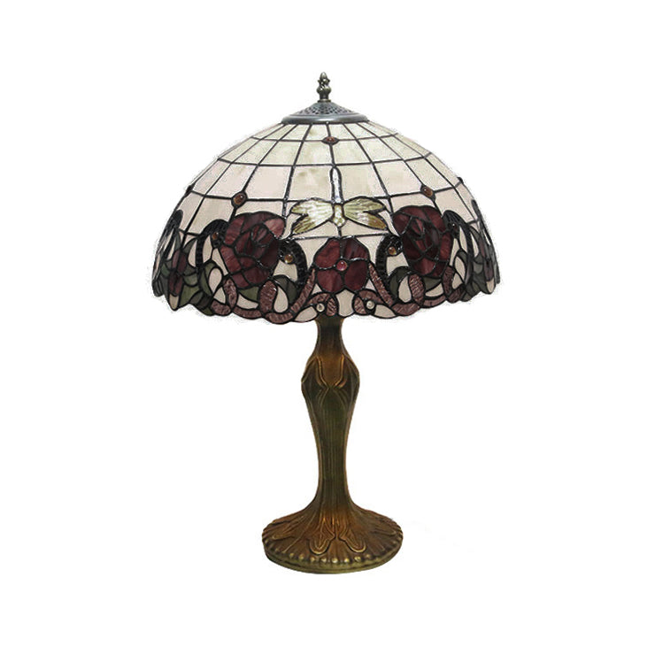 Red/Green Flower Table Lighting with Stained Glass Dome Shade Country Style 1 Light Indoor Lighting Clearhalo 'Lamps' 'Table Lamps' Lighting' 21297