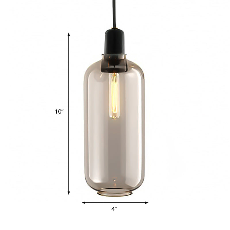 Modernist Cylinder Pendant Amber/Smoky Glass 1 Light Living Room Hanging Ceiling Lamp, 4"/5.5" Wide Clearhalo 'Ceiling Lights' 'Close To Ceiling Lights' 'Glass shade' 'Glass' 'Modern Pendants' 'Modern' 'Pendant Lights' 'Pendants' Lighting' 212976