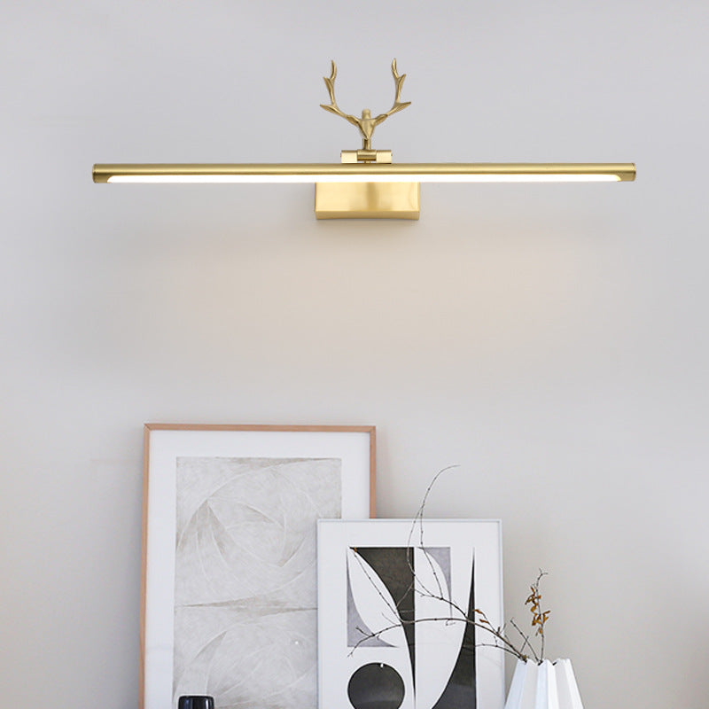 Brass Linear Wall Sconce Lighting Modernist Led Metal Vanity Wall Sconce with Antler Arm in Warm Light, 16"/21.5"/27.5" Wide Brass Clearhalo 'Cast Iron' 'Glass' 'Industrial' 'Modern wall lights' 'Modern' 'Tiffany' 'Traditional wall lights' 'Vanity Lights' 'Wall Lights' Lighting' 213016