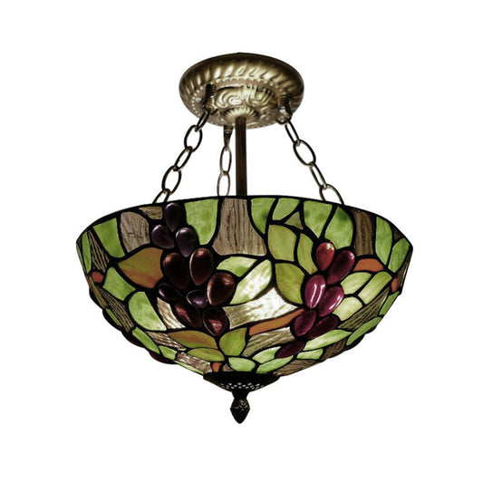 12"/16" W Inverted Semi Flush Light with Bowl Shade Stained Glass Semi Flush Mount Light in Green Clearhalo 'Ceiling Lights' 'Close To Ceiling Lights' 'Close to ceiling' 'Glass shade' 'Glass' 'Semi-flushmount' 'Tiffany close to ceiling' 'Tiffany' Lighting' 21335