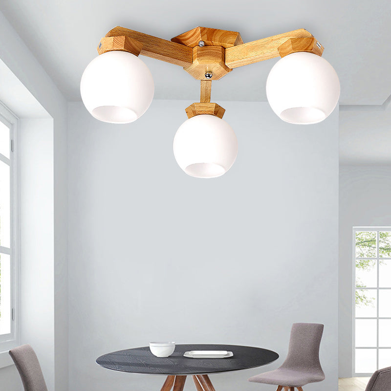 3/5/7 Lights Branch Semi Mount Lighting Contemporary Milk Glass Semi Flush Mount Light in Beige with Wood Fixture Arm Clearhalo 'Ceiling Lights' 'Close To Ceiling Lights' 'Close to ceiling' 'Semi-flushmount' Lighting' 213555