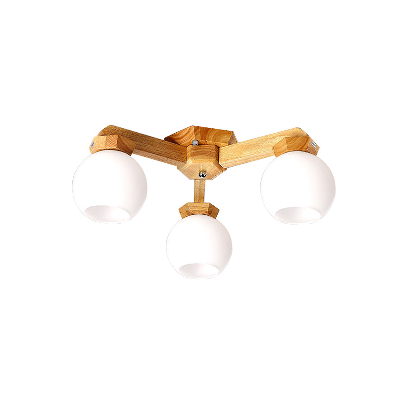 3/5/7 Lights Branch Semi Mount Lighting Contemporary Milk Glass Semi Flush Mount Light in Beige with Wood Fixture Arm Clearhalo 'Ceiling Lights' 'Close To Ceiling Lights' 'Close to ceiling' 'Semi-flushmount' Lighting' 213556