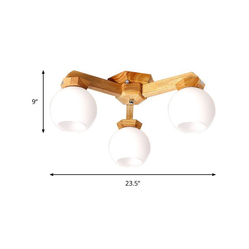 3/5/7 Lights Branch Semi Mount Lighting Contemporary Milk Glass Semi Flush Mount Light in Beige with Wood Fixture Arm Clearhalo 'Ceiling Lights' 'Close To Ceiling Lights' 'Close to ceiling' 'Semi-flushmount' Lighting' 213557