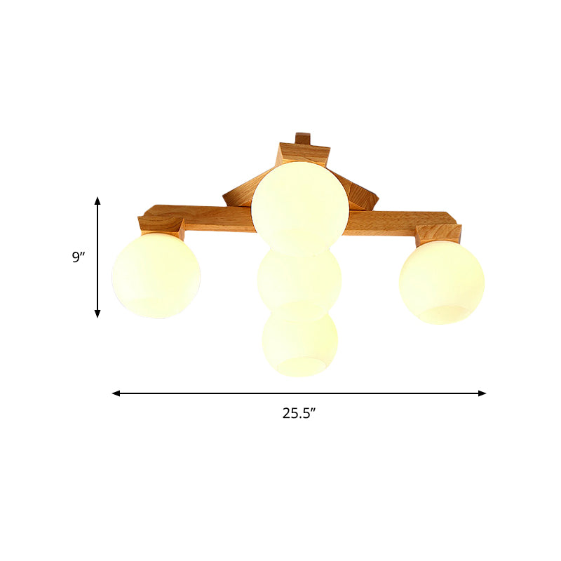 3/5/7 Lights Branch Semi Mount Lighting Contemporary Milk Glass Semi Flush Mount Light in Beige with Wood Fixture Arm Clearhalo 'Ceiling Lights' 'Close To Ceiling Lights' 'Close to ceiling' 'Semi-flushmount' Lighting' 213561