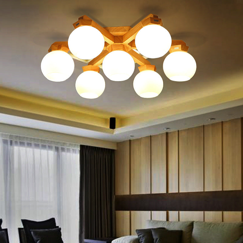 3/5/7 Lights Branch Semi Mount Lighting Contemporary Milk Glass Semi Flush Mount Light in Beige with Wood Fixture Arm 7 Wood Clearhalo 'Ceiling Lights' 'Close To Ceiling Lights' 'Close to ceiling' 'Semi-flushmount' Lighting' 213562