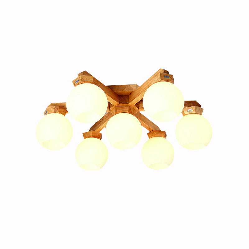 3/5/7 Lights Branch Semi Mount Lighting Contemporary Milk Glass Semi Flush Mount Light in Beige with Wood Fixture Arm Clearhalo 'Ceiling Lights' 'Close To Ceiling Lights' 'Close to ceiling' 'Semi-flushmount' Lighting' 213564