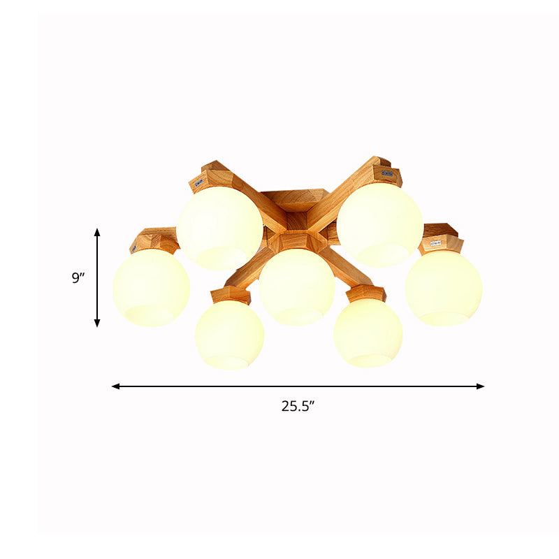 3/5/7 Lights Branch Semi Mount Lighting Contemporary Milk Glass Semi Flush Mount Light in Beige with Wood Fixture Arm Clearhalo 'Ceiling Lights' 'Close To Ceiling Lights' 'Close to ceiling' 'Semi-flushmount' Lighting' 213565