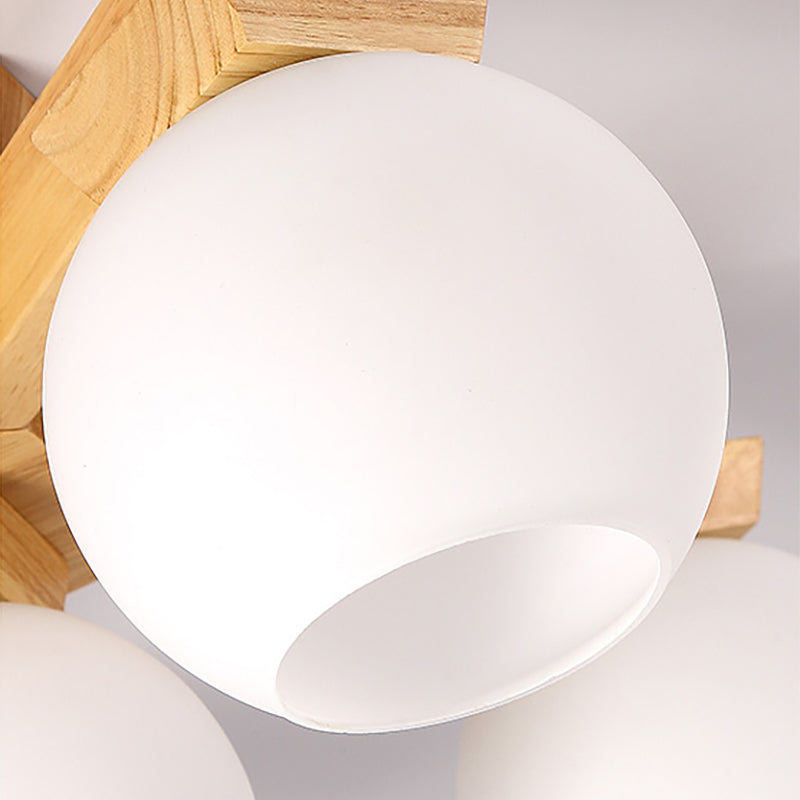 3/5/7 Lights Branch Semi Mount Lighting Contemporary Milk Glass Semi Flush Mount Light in Beige with Wood Fixture Arm Clearhalo 'Ceiling Lights' 'Close To Ceiling Lights' 'Close to ceiling' 'Semi-flushmount' Lighting' 213567