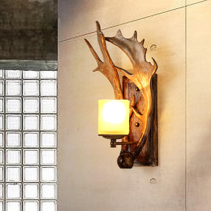 Traditional Cup Wall Mount Light Single Beige Glass Wall Light Fixture with Antler Decor in Brown Brown Clearhalo 'Wall Lamps & Sconces' 'Wall Lights' Lighting' 2135805