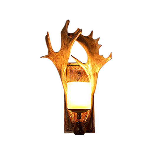 Traditional Cup Wall Mount Light Single Beige Glass Wall Light Fixture with Antler Decor in Brown Clearhalo 'Wall Lamps & Sconces' 'Wall Lights' Lighting' 2135808