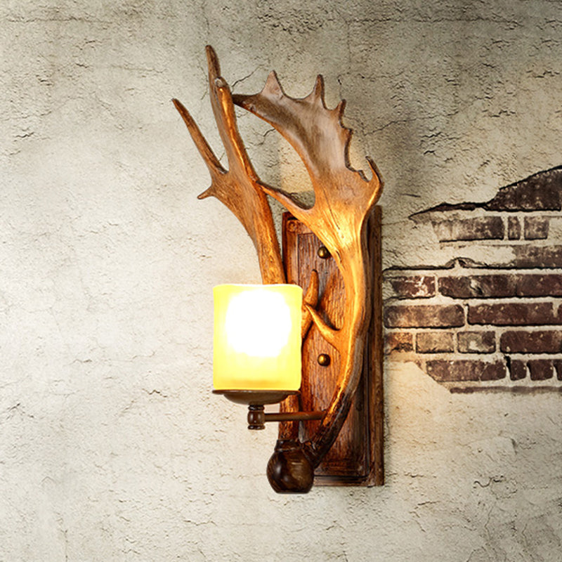 Traditional Cup Wall Mount Light Single Beige Glass Wall Light Fixture with Antler Decor in Brown Clearhalo 'Wall Lamps & Sconces' 'Wall Lights' Lighting' 2135809