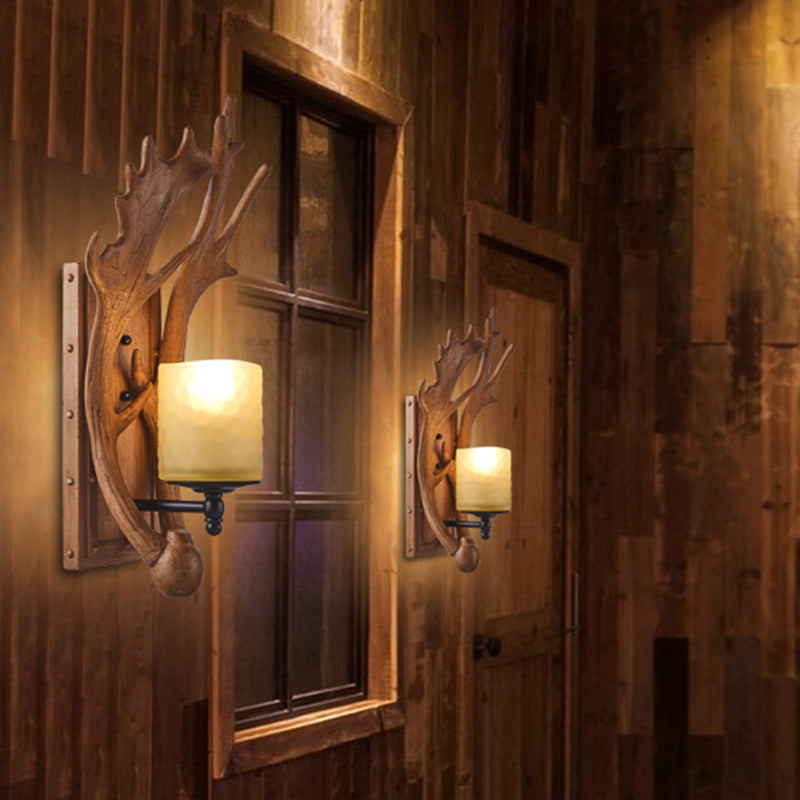 Deer Horn Resin Wall Light Vintage Restaurant Wall Mounted Lamp with Cylinder Beige Glass Shade in Brown Clearhalo 'Wall Lamps & Sconces' 'Wall Lights' Lighting' 2135811