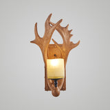 Deer Horn Resin Wall Light Vintage Restaurant Wall Mounted Lamp with Cylinder Beige Glass Shade in Brown Clearhalo 'Wall Lamps & Sconces' 'Wall Lights' Lighting' 2135813