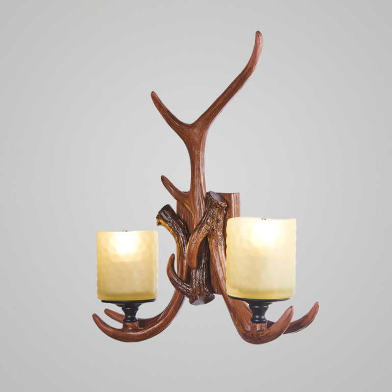 Deer Horn Resin Wall Light Vintage Restaurant Wall Mounted Lamp with Cylinder Beige Glass Shade in Brown Clearhalo 'Wall Lamps & Sconces' 'Wall Lights' Lighting' 2135815