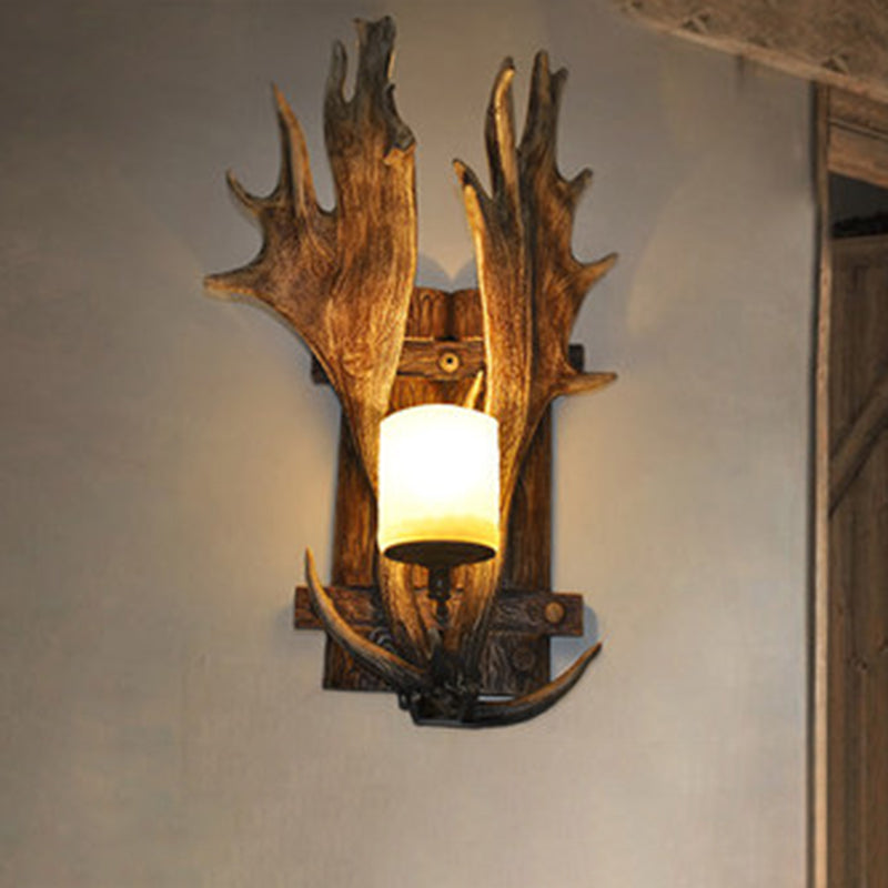 Resin Antler Wall Mount Light Retro 1-Light Restaurant Wall Lighting with Handblown Glass Shade in Brown Brown Clearhalo 'Wall Lamps & Sconces' 'Wall Lights' Lighting' 2135816