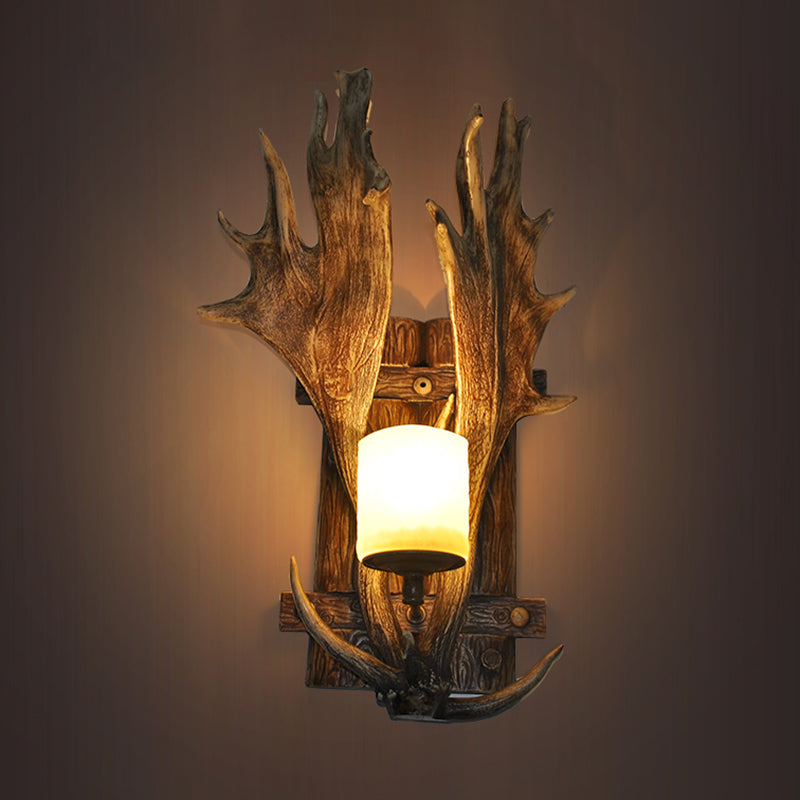 Resin Antler Wall Mount Light Retro 1-Light Restaurant Wall Lighting with Handblown Glass Shade in Brown Clearhalo 'Wall Lamps & Sconces' 'Wall Lights' Lighting' 2135817