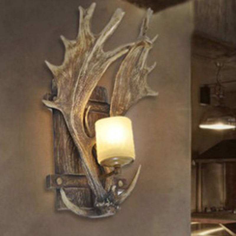 Resin Antler Wall Mount Light Retro 1-Light Restaurant Wall Lighting with Handblown Glass Shade in Brown Clearhalo 'Wall Lamps & Sconces' 'Wall Lights' Lighting' 2135818