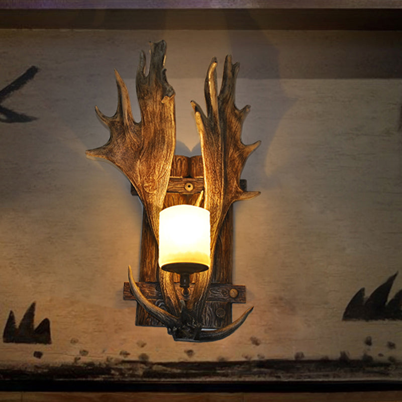 Resin Antler Wall Mount Light Retro 1-Light Restaurant Wall Lighting with Handblown Glass Shade in Brown Clearhalo 'Wall Lamps & Sconces' 'Wall Lights' Lighting' 2135821