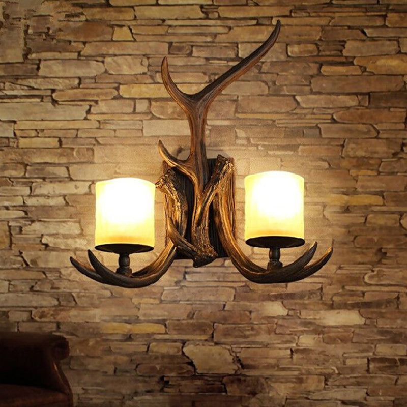 Brown Cylinder Wall Lamp Rustic Frost Glass 2 Bulbs Living Room Wall Light Fixture with Decorative Antler Clearhalo 'Wall Lamps & Sconces' 'Wall Lights' Lighting' 2135823