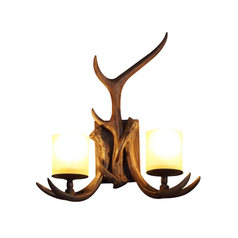 Brown Cylinder Wall Lamp Rustic Frost Glass 2 Bulbs Living Room Wall Light Fixture with Decorative Antler Clearhalo 'Wall Lamps & Sconces' 'Wall Lights' Lighting' 2135826