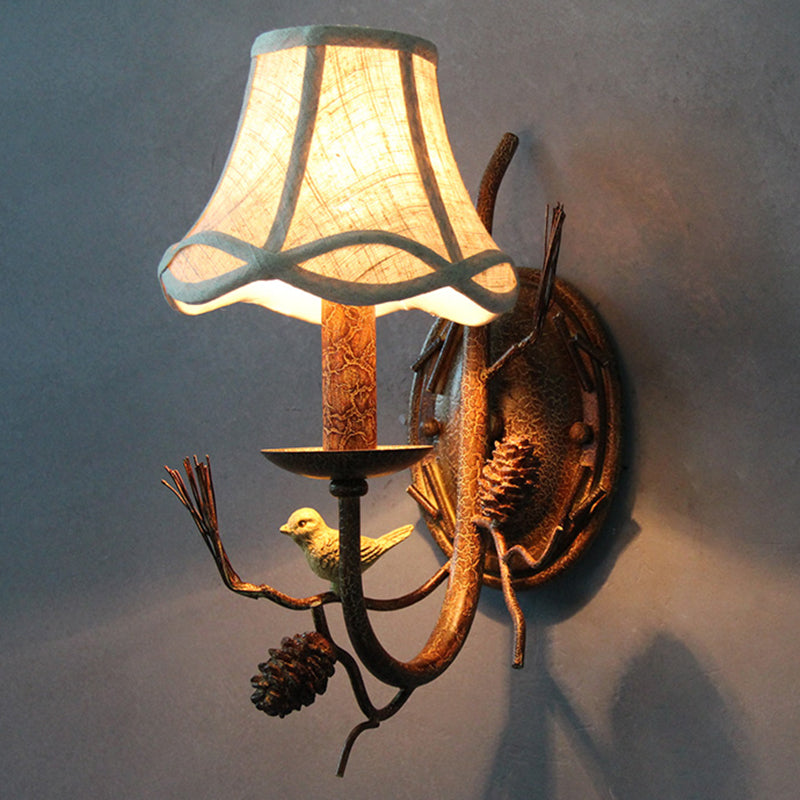 Flared Restaurant Wall Mount Light Traditional Fabric Brown Wall Light with Decorative Bird and Pinecone Clearhalo 'Wall Lamps & Sconces' 'Wall Lights' Lighting' 2135835