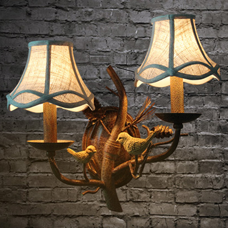 Flared Restaurant Wall Mount Light Traditional Fabric Brown Wall Light with Decorative Bird and Pinecone 2.0 Brown Clearhalo 'Wall Lamps & Sconces' 'Wall Lights' Lighting' 2135836