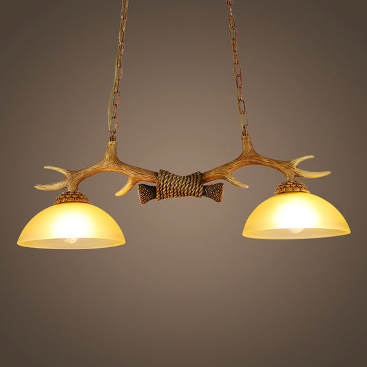 2 Bulbs Pendant Light Retro Dome Beige Glass Hanging Island Light with Decorative Deer Horn Clearhalo 'Ceiling Lights' 'Glass shade' 'Glass' 'Island Lights' Lighting' 2135847