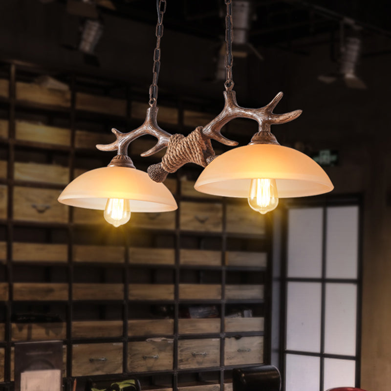 Bowl Shaped Beige Glass Island Pendant Light Rustic 2 Bulbs Restaurant Ceiling Light with Antler Decor in Brown Clearhalo 'Ceiling Lights' 'Glass shade' 'Glass' 'Island Lights' Lighting' 2135851