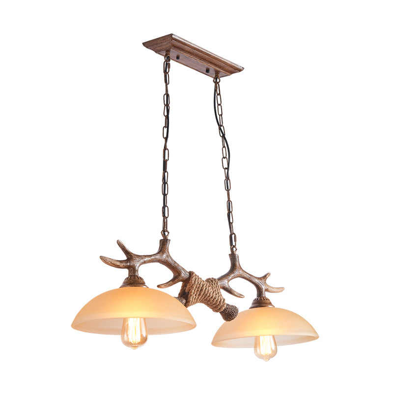 Bowl Shaped Beige Glass Island Pendant Light Rustic 2 Bulbs Restaurant Ceiling Light with Antler Decor in Brown Clearhalo 'Ceiling Lights' 'Glass shade' 'Glass' 'Island Lights' Lighting' 2135853
