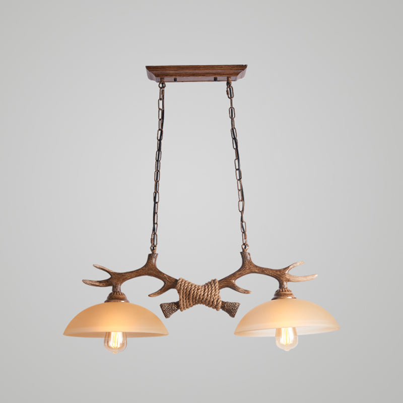 Bowl Shaped Beige Glass Island Pendant Light Rustic 2 Bulbs Restaurant Ceiling Light with Antler Decor in Brown Clearhalo 'Ceiling Lights' 'Glass shade' 'Glass' 'Island Lights' Lighting' 2135854