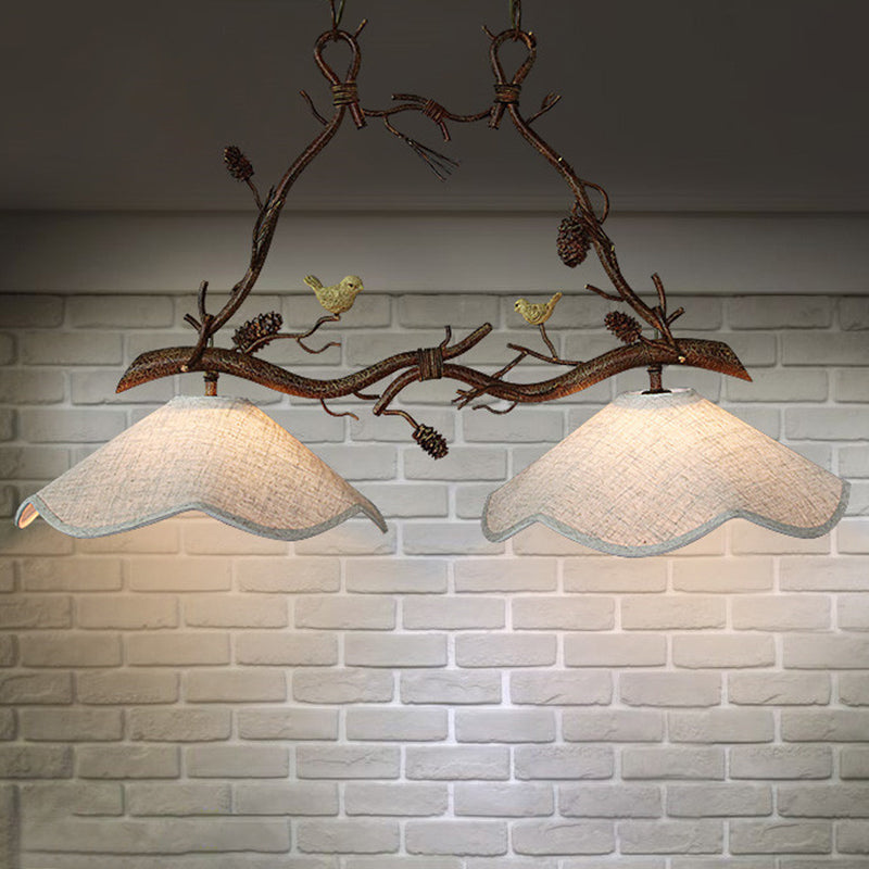 Resin Branch Suspension Light Classic 2 Heads Dining Room Island Chandelier Light with Scalloped Shade in Brown Brown A Clearhalo 'Ceiling Lights' 'Close To Ceiling Lights' 'Glass shade' 'Glass' 'Island Lights' Lighting' 2135855