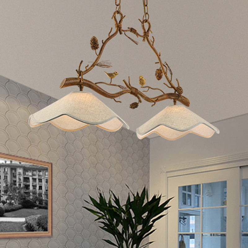 Resin Branch Suspension Light Classic 2 Heads Dining Room Island Chandelier Light with Scalloped Shade in Brown Clearhalo 'Ceiling Lights' 'Close To Ceiling Lights' 'Glass shade' 'Glass' 'Island Lights' Lighting' 2135856