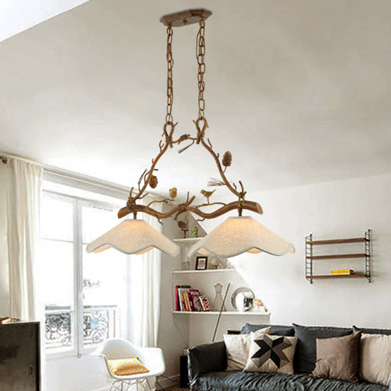 Resin Branch Suspension Light Classic 2 Heads Dining Room Island Chandelier Light with Scalloped Shade in Brown Clearhalo 'Ceiling Lights' 'Close To Ceiling Lights' 'Glass shade' 'Glass' 'Island Lights' Lighting' 2135857