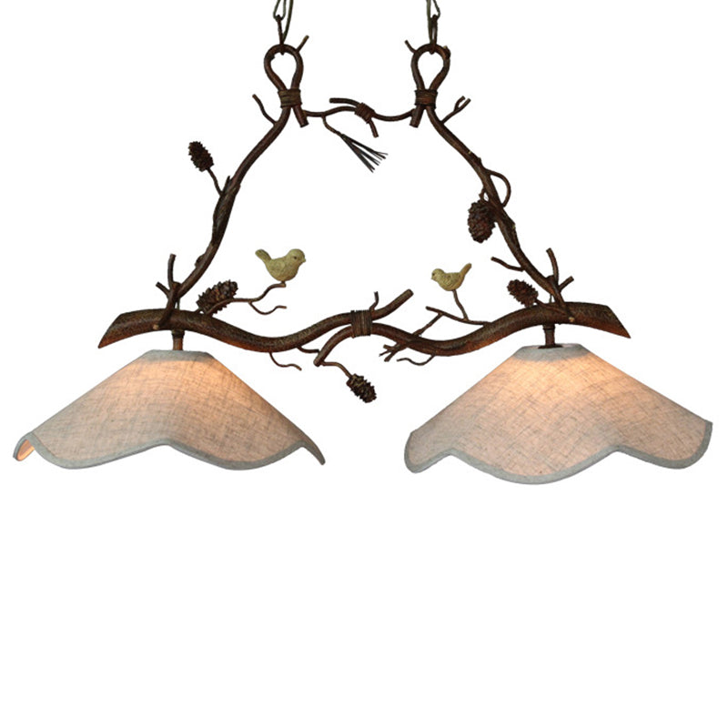 Resin Branch Suspension Light Classic 2 Heads Dining Room Island Chandelier Light with Scalloped Shade in Brown Clearhalo 'Ceiling Lights' 'Close To Ceiling Lights' 'Glass shade' 'Glass' 'Island Lights' Lighting' 2135858