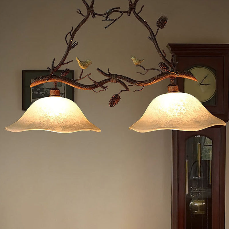 Resin Branch Suspension Light Classic 2 Heads Dining Room Island Chandelier Light with Scalloped Shade in Brown Brown B Clearhalo 'Ceiling Lights' 'Close To Ceiling Lights' 'Glass shade' 'Glass' 'Island Lights' Lighting' 2135859