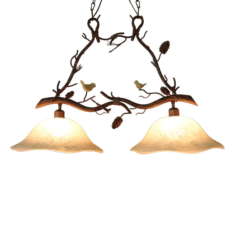 Resin Branch Suspension Light Classic 2 Heads Dining Room Island Chandelier Light with Scalloped Shade in Brown Clearhalo 'Ceiling Lights' 'Close To Ceiling Lights' 'Glass shade' 'Glass' 'Island Lights' Lighting' 2135860